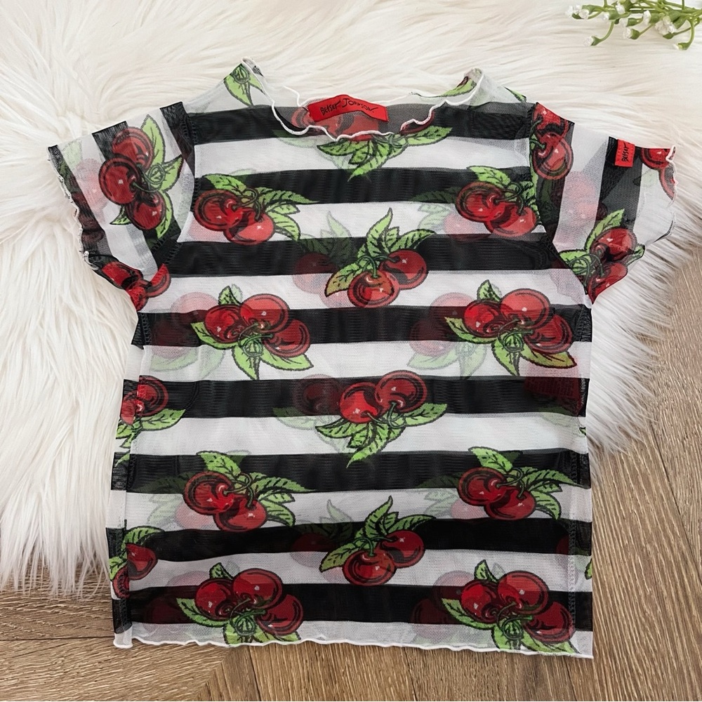 Vintage Betsey Johnson Cherry Fruit Print Mesh Blouse